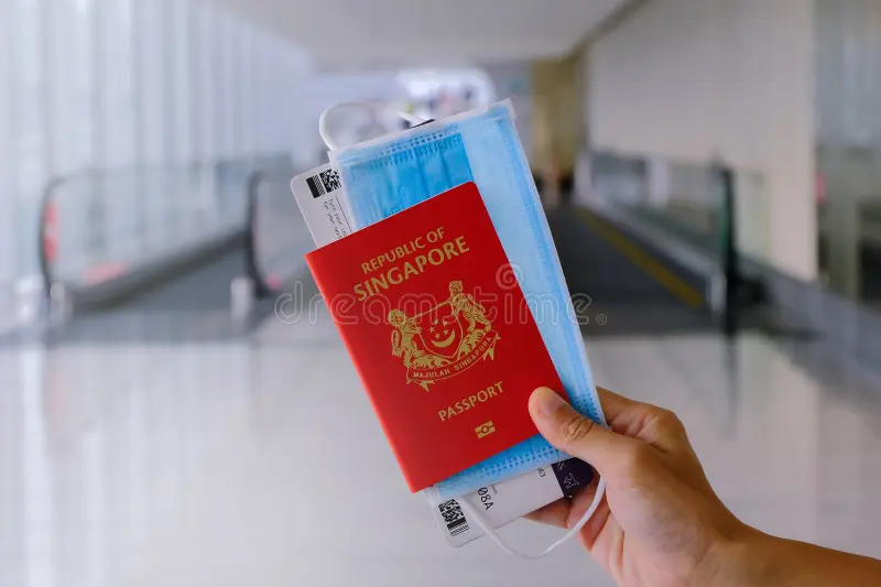 hand holding singapore passport face mask boarding pass airport travel concept moving walkway travelator background
